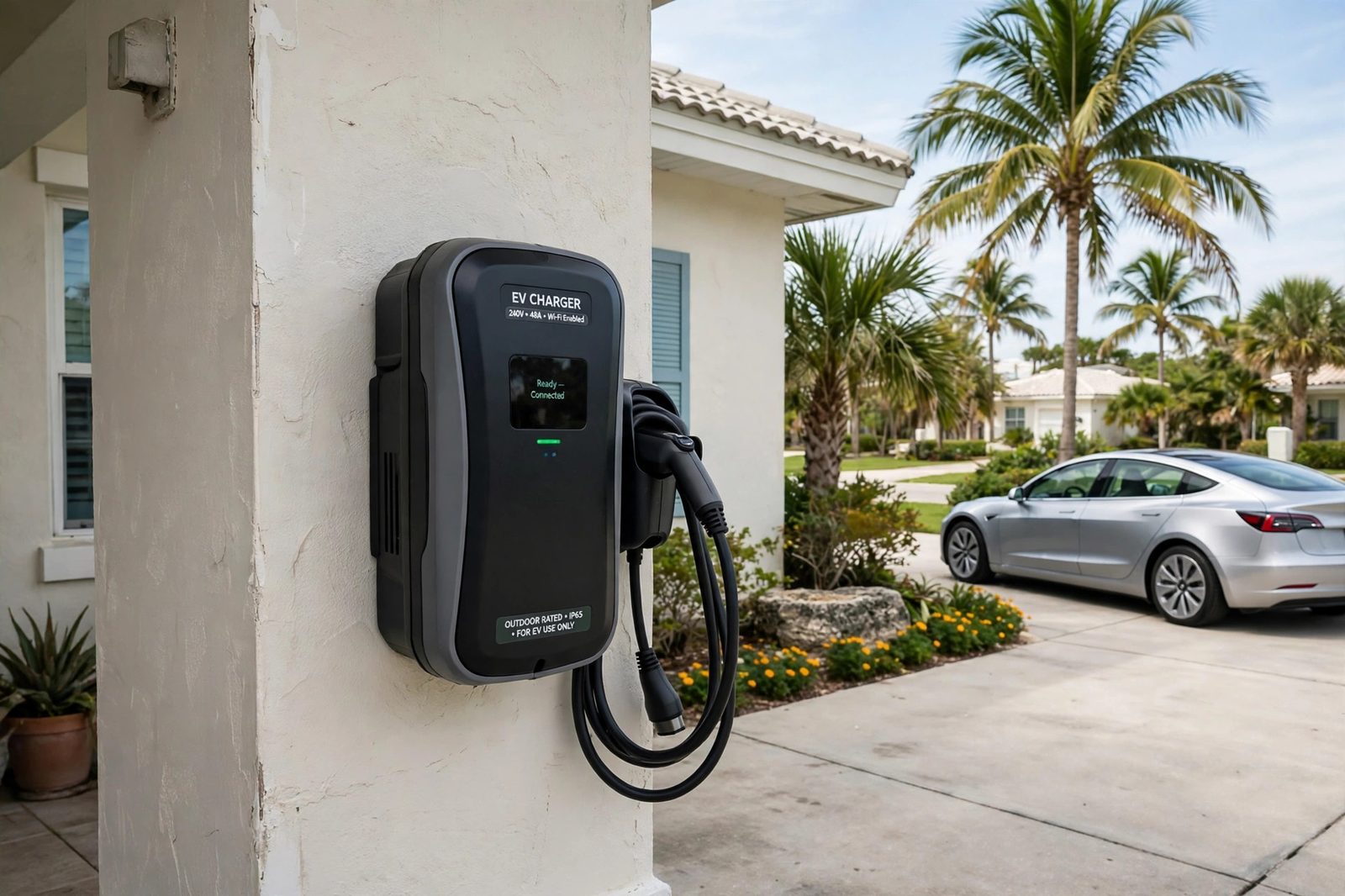 EV charger installation in Boynton Beach, FL — weatherproof outdoor charger at a coastal Florida home