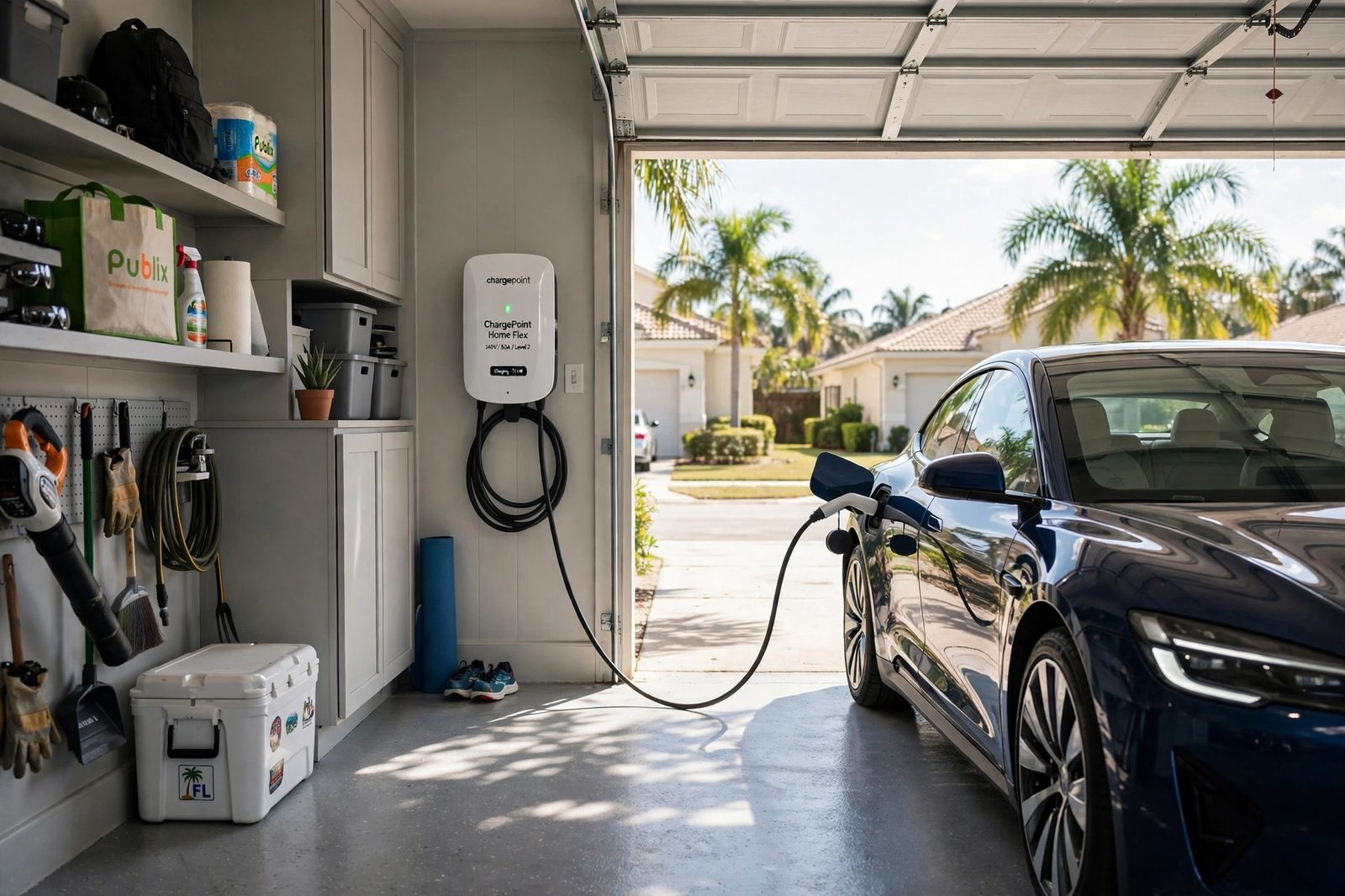 EV charger installation in Pinecrest, FL — Level 2 charger in a suburban Florida garage